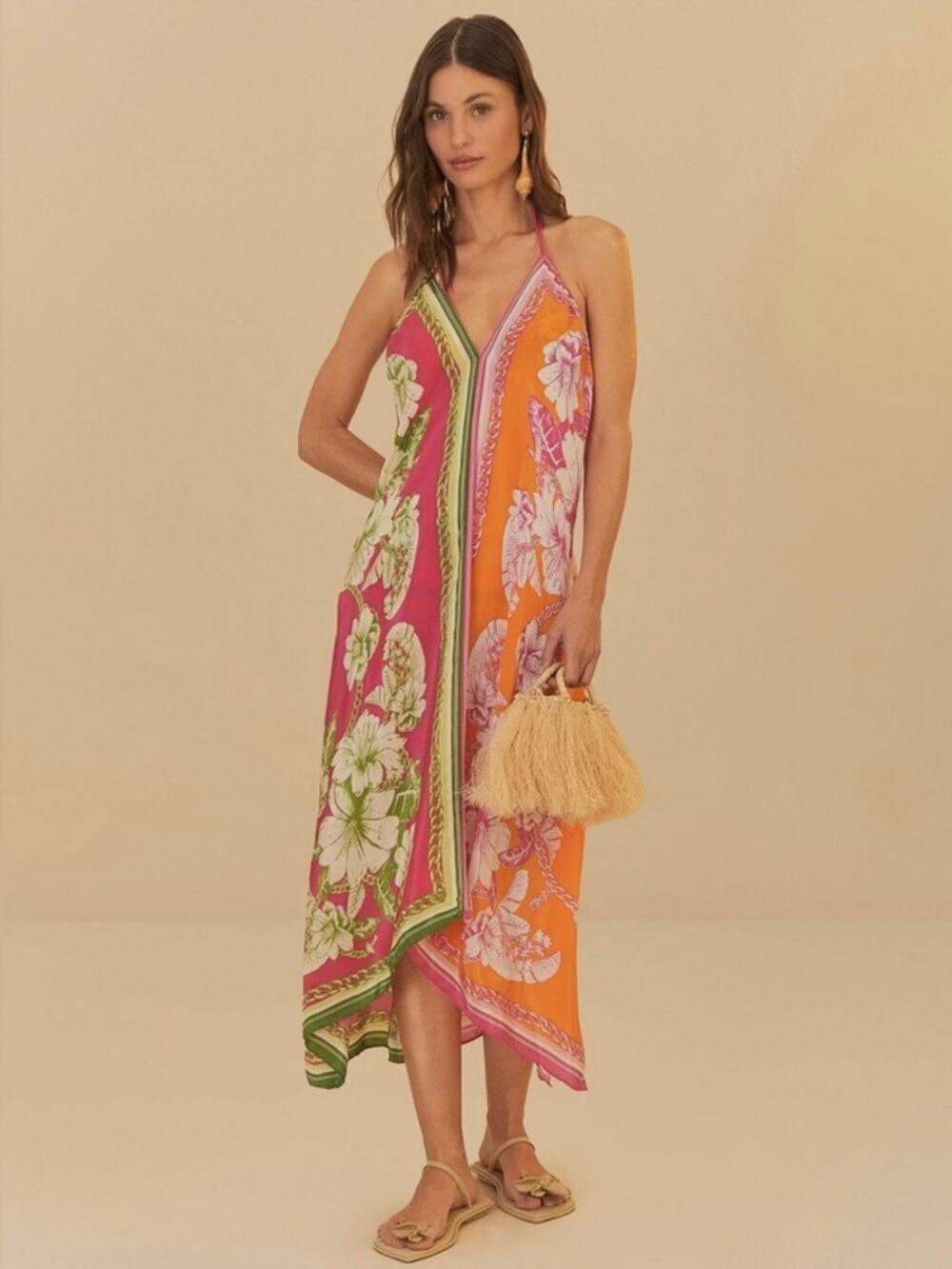 FARM RIO Mixed Scarves Floral Elegance Maxi Halter Dress Beaded Tassel Midi Pink